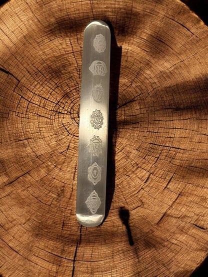 Chakra Engraved Selenite Crystal Wand (6”) - JoyfulBliss Co.
