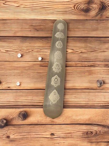 Chakra Engraved Selenite Crystal Wand (6”) - JoyfulBliss Co.