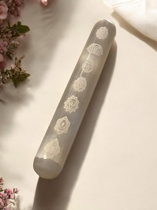 Chakra Engraved Selenite Crystal Wand (6”) - JoyfulBliss Co.