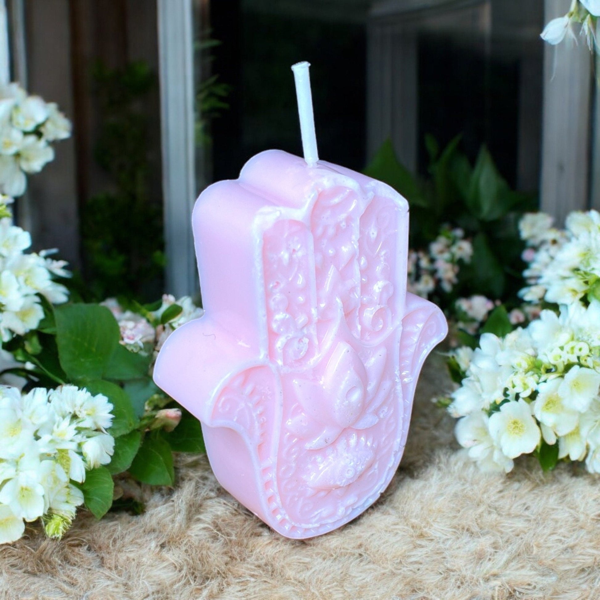 Customizable Hamsa Hand Symbol 4oz Soy Wax Candle, Choice of Color & Scents - JoyfulBliss Co.
