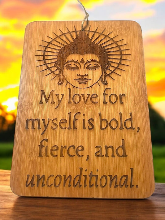 Engraved Bamboo Hanging Plaque – Buddha Self-Love Affirmation (6” x 4”) - JoyfulBliss Co.
