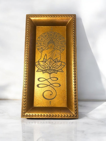 Golden Enlightenment Spiritual Engraved Decorative Plate – 11x5 Inches - JoyfulBliss Co.