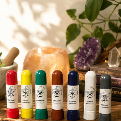 JoyfulBliss Co. aromatherapy inhaler set featuring seven colorful essential oil sticks with minimalist eye labels.
