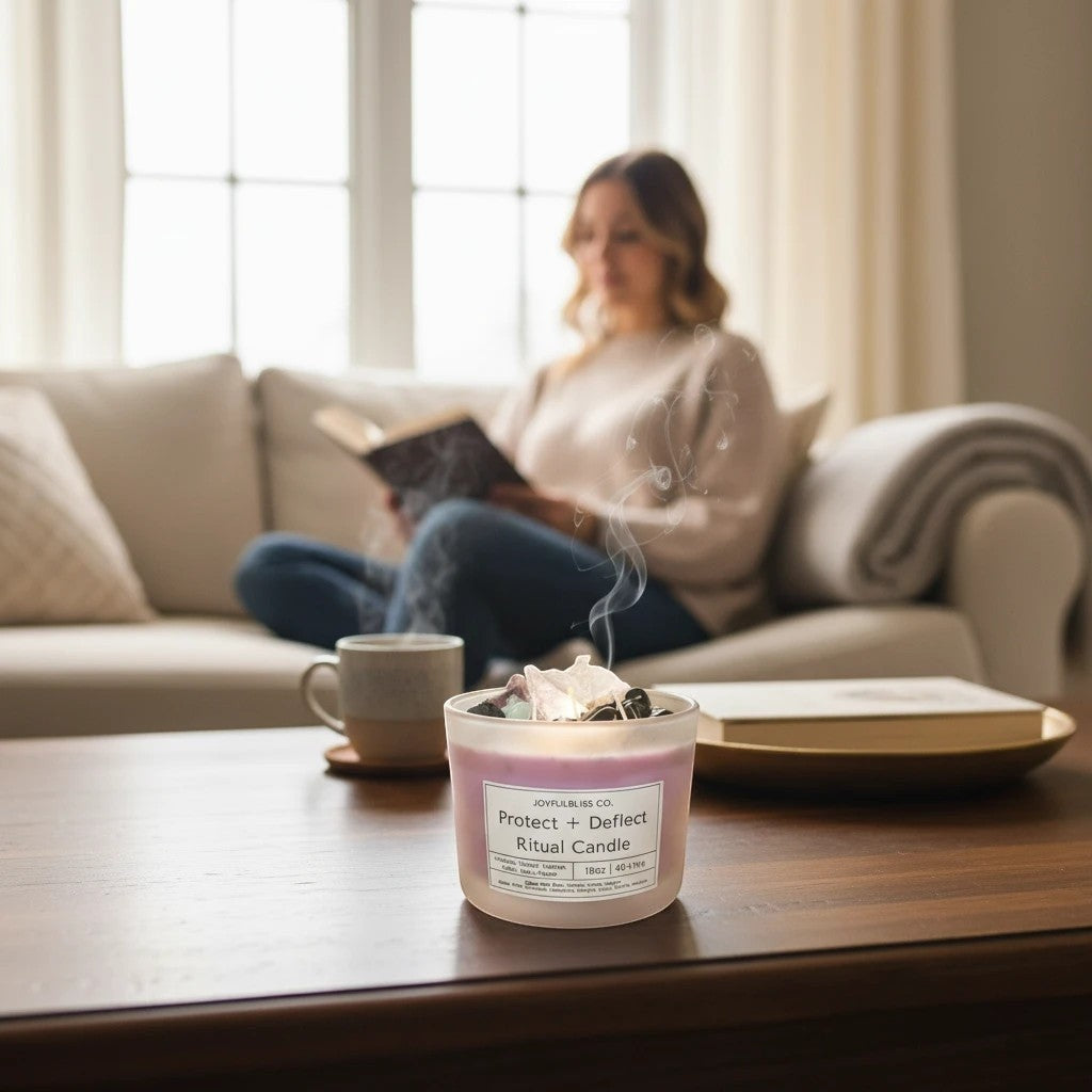 JoyfulBliss Co. Protect + Deflect soy candle topped with crystals on a table with a woman reading in the background.