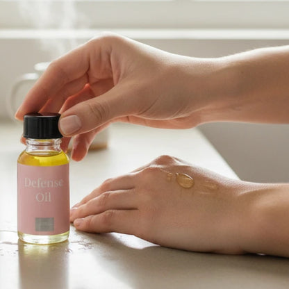 JoyfulBliss Co. Defense Ritual Anointing Oil in a 10ml glass bottle being applied to skin for spiritual protection