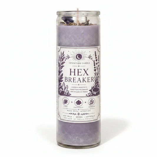 JoyfulBliss Co. Hex Breaker intention candle in a glass jar with lavender soy wax, herbs, and crystals for protection.