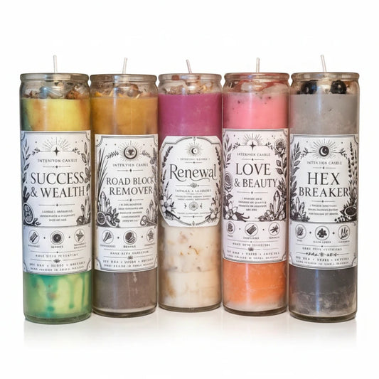 JoyfulBliss Co. set of five hand-poured soy wax intention candles with herbs, crystals, and essential oils.