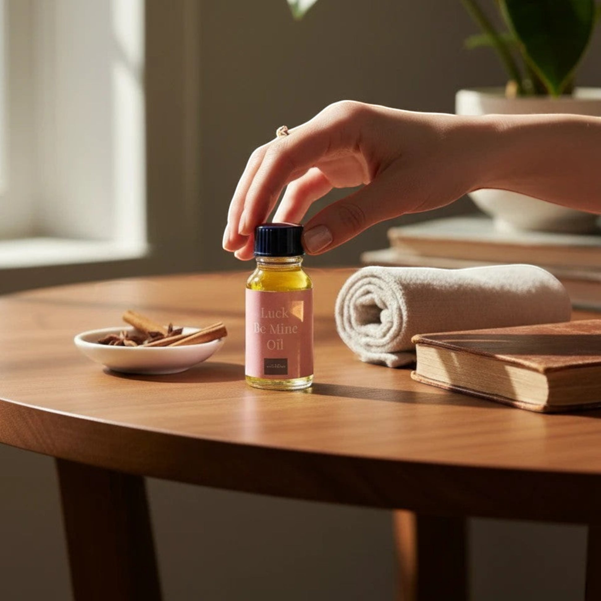 JoyfulBliss Co. Luck Be Mine ritual oil bottle on a wooden table with cinnamon sticks and a book in a sunlit room