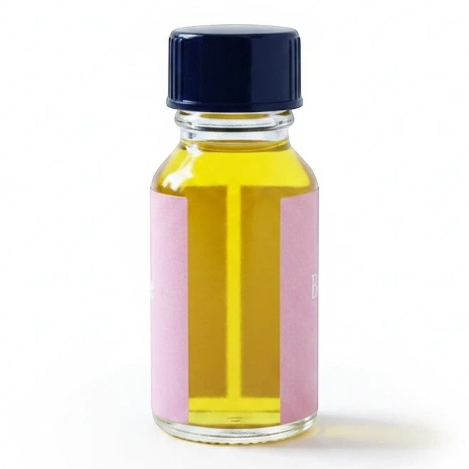 JoyfulBliss Co. Luck Be Mine ritual oil in a small glass bottle with a pink label and dark blue cap