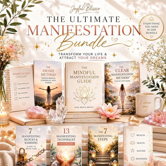 JoyfulBliss Co. Ultimate Manifestation Bundle featuring digital guides, journals, and manifestation tools on a desk.