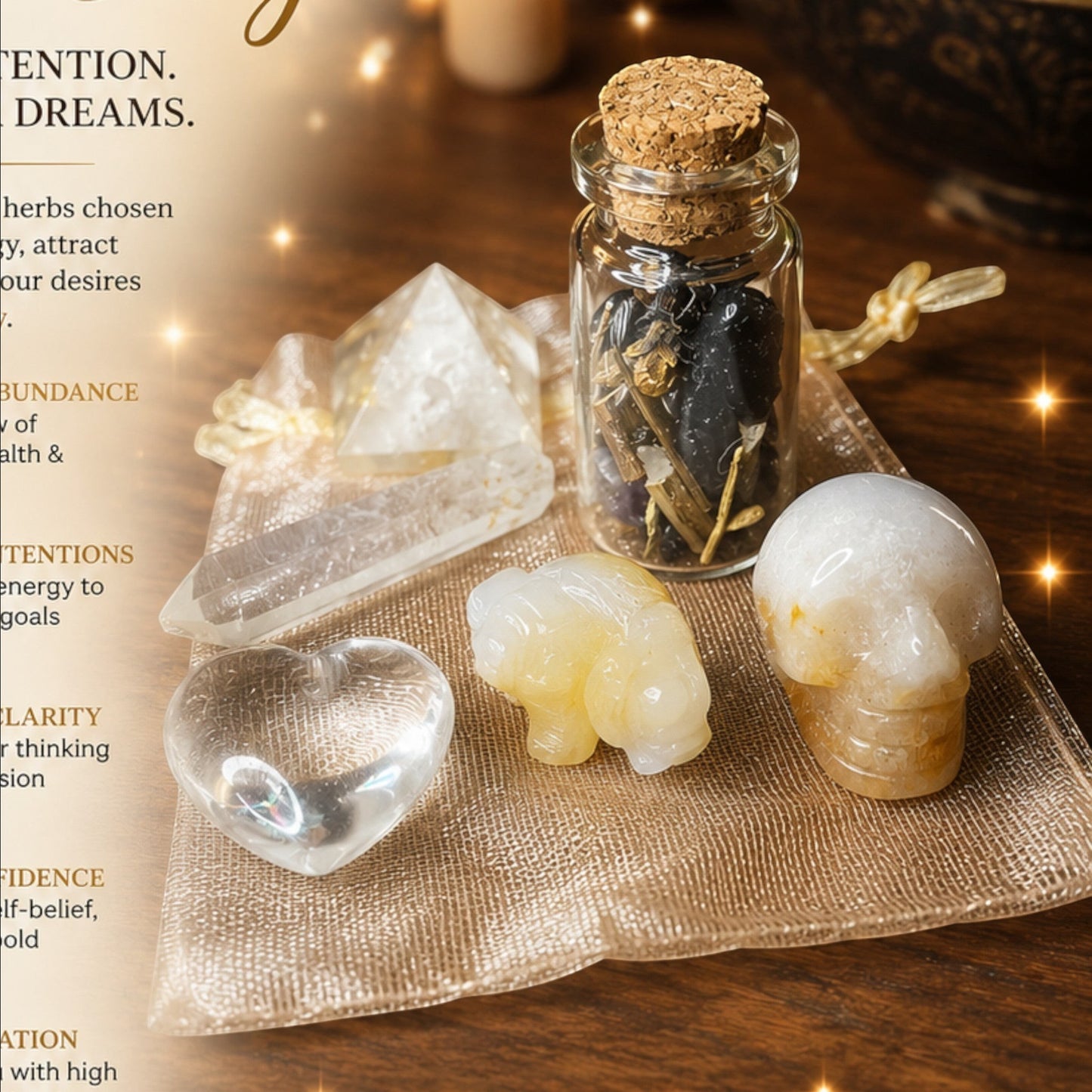 JoyfulBliss Co. Manifesting Mojo Bag with clear quartz heart, crystal elephant, skull, pyramid, and herb spell jar.