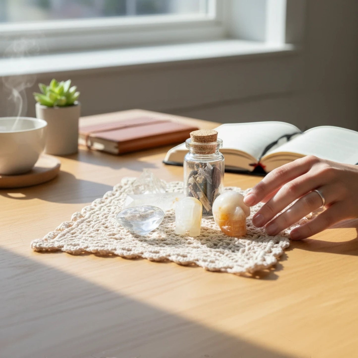 JoyfulBliss Co. Manifesting Mojo Bag set with crystals, spell jar, and a hand touching a crystal skull on a desk.