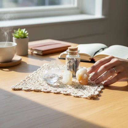 JoyfulBliss Co. Manifesting Mojo Bag set with crystals, spell jar, and a hand touching a crystal skull on a desk.