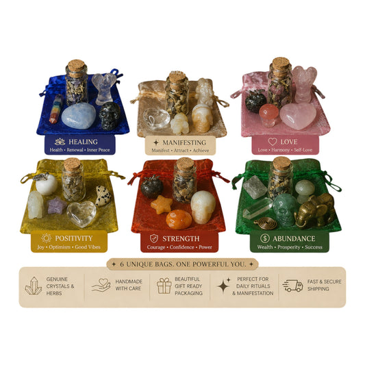 JoyfulBliss Co. set of 6 colorful mojo bags with crystals, herbs, and charms for manifestation and spiritual rituals.