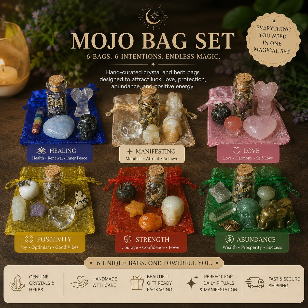 JoyfulBliss Co. Mojo Bag set featuring 6 colorful organza pouches with crystals, herbs, and charms for rituals.