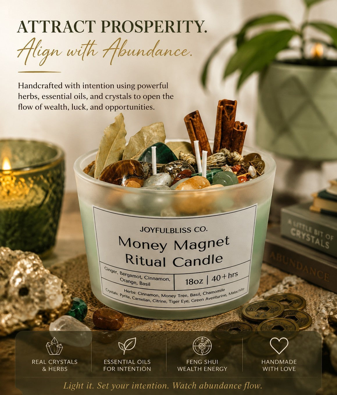 JoyfulBliss Co. Money Magnet ritual candle in a frosted glass jar topped with crystals, cinnamon sticks, and botanicals.