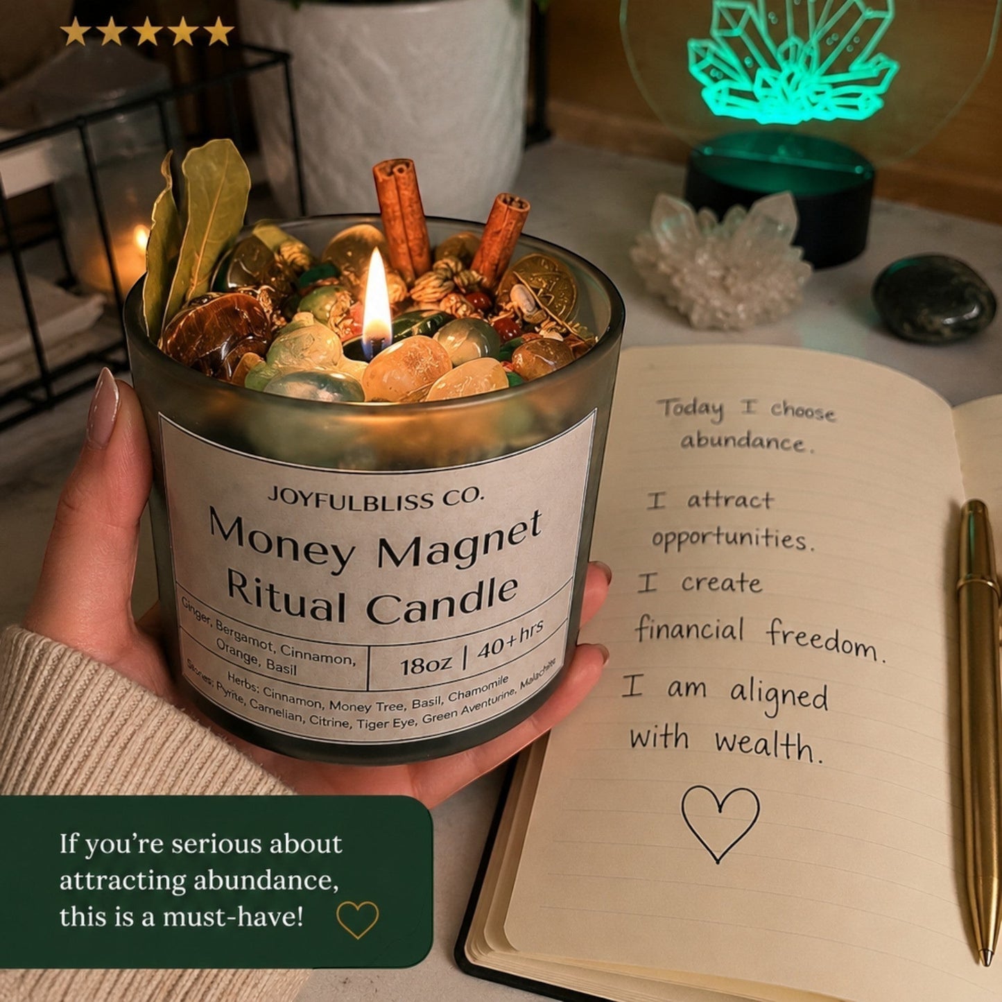 JoyfulBliss Co. Money Magnet ritual candle in a frosted glass jar with crystals, botanicals, and a handwritten journal.