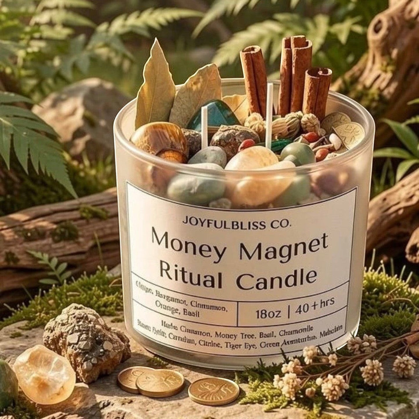 JoyfulBliss Co. Money Magnet ritual candle in a frosted glass jar with crystals, cinnamon sticks, and botanicals.