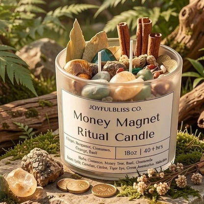 JoyfulBliss Co. Money Magnet ritual candle in a frosted glass jar with crystals, cinnamon sticks, and botanicals.