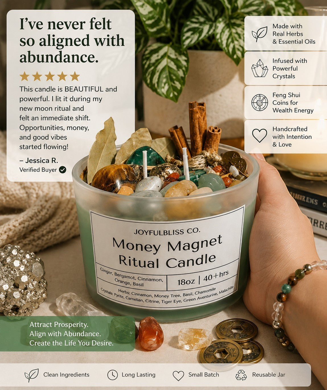 JoyfulBliss Co. Money Magnet ritual candle in a frosted glass jar topped with crystals, botanicals, and Feng Shui coins.