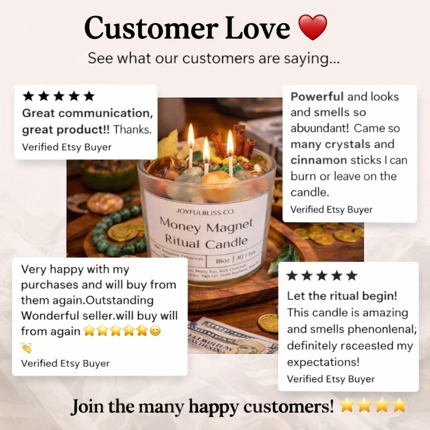 JoyfulBliss Co. Money Magnet ritual candle in a frosted glass jar with crystals, botanicals, and triple cotton wicks.