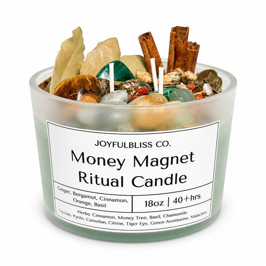 JoyfulBliss Co. 18oz Money Magnet ritual candle in a frosted glass jar with crystals, cinnamon sticks, and botanicals.