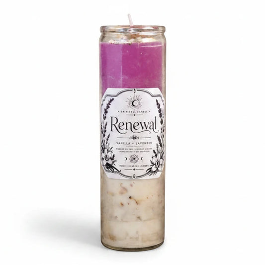JoyfulBliss Co. Renewal spiritual prayer candle in a tall glass jar with purple and white soy wax, herbs, and crystals.