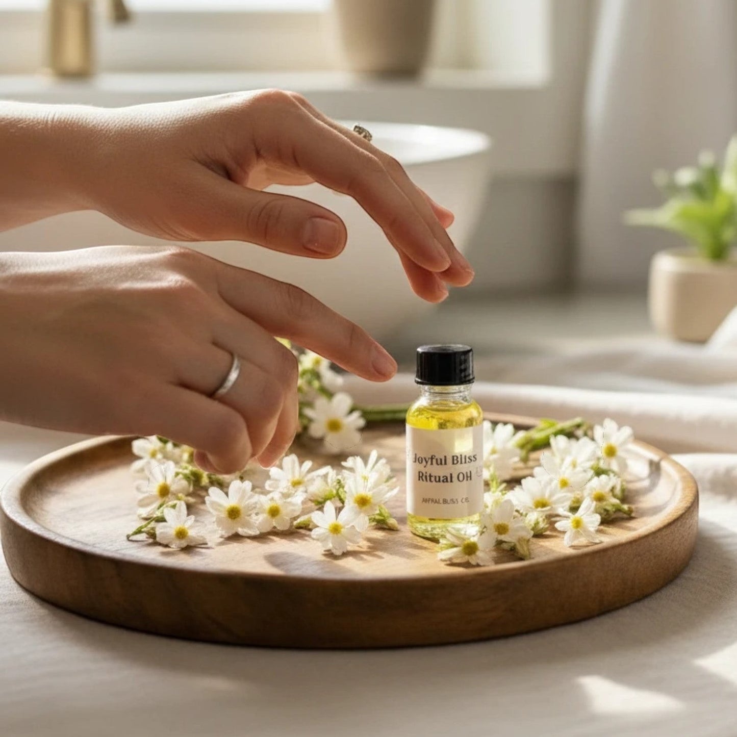 JoyfulBliss Co. Joyful Bliss Ritual Anointing Oil in a 10ml glass bottle surrounded by white flowers on a wooden tray.