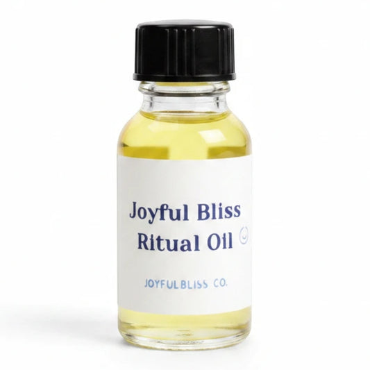 JoyfulBliss Co. Joyful Bliss Ritual Anointing Oil in a 10ml clear glass bottle with a black screw cap.