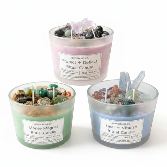 JoyfulBliss Co. set of three ritual soy candles in frosted glass jars topped with crystals for healing and protection.