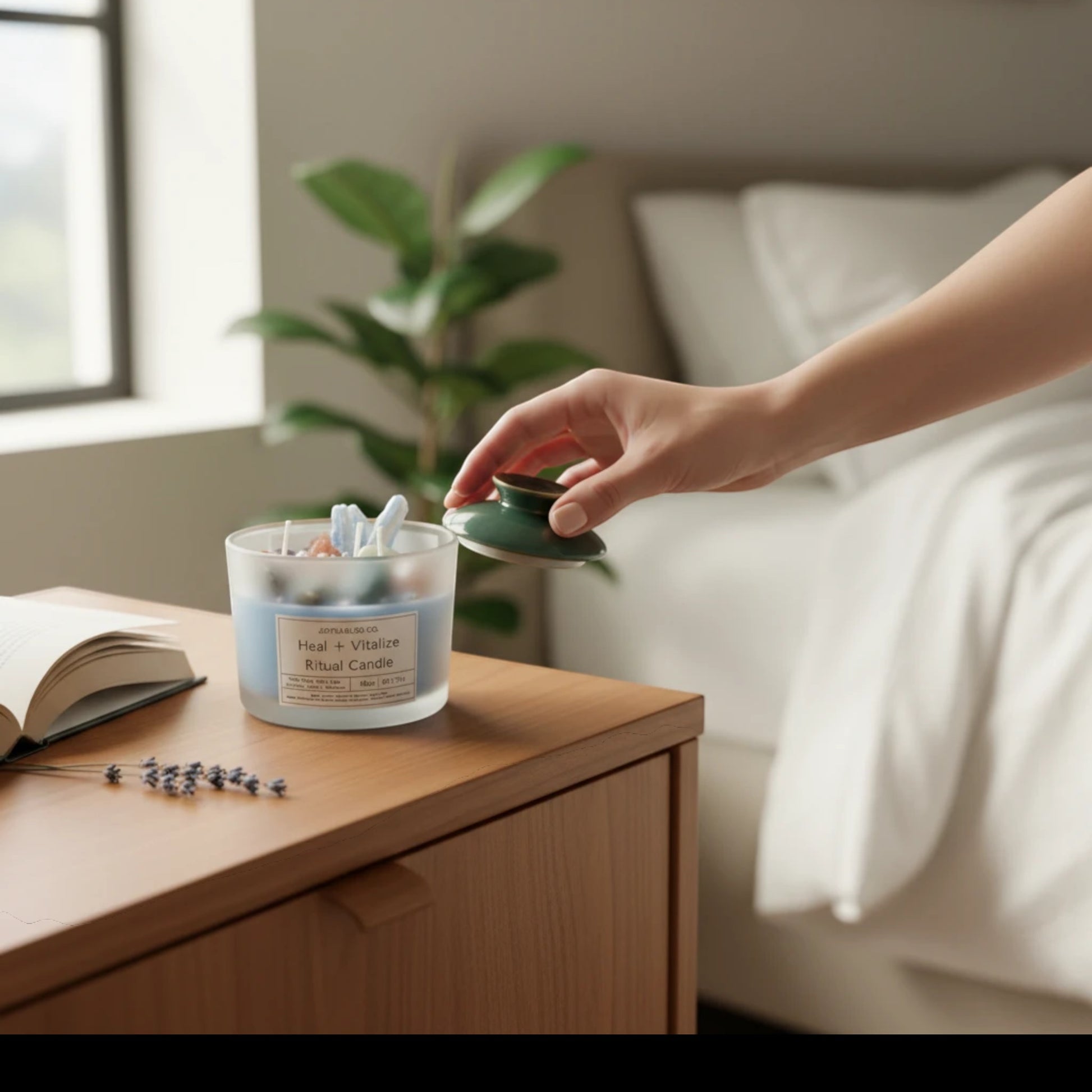 JoyfulBliss Co. Heal + Vitalize ritual candle with crystals and herbs on a wooden bedside table in a bedroom.