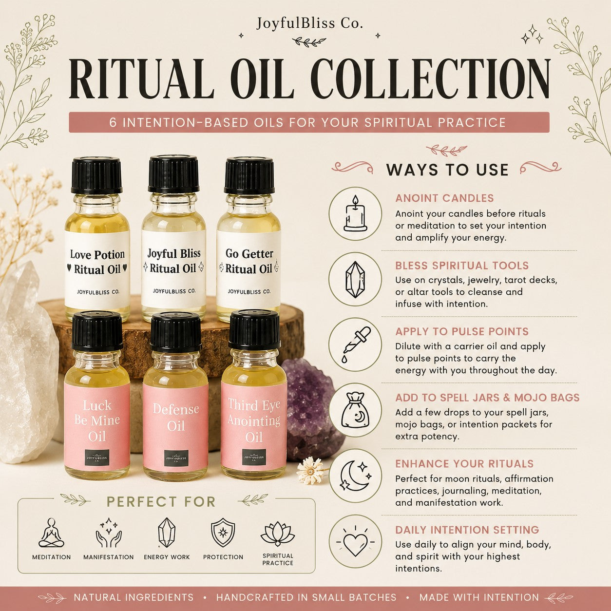 JoyfulBliss Co. Ritual Oil Collection set of six handcrafted botanical oils for spiritual practice and manifestation.