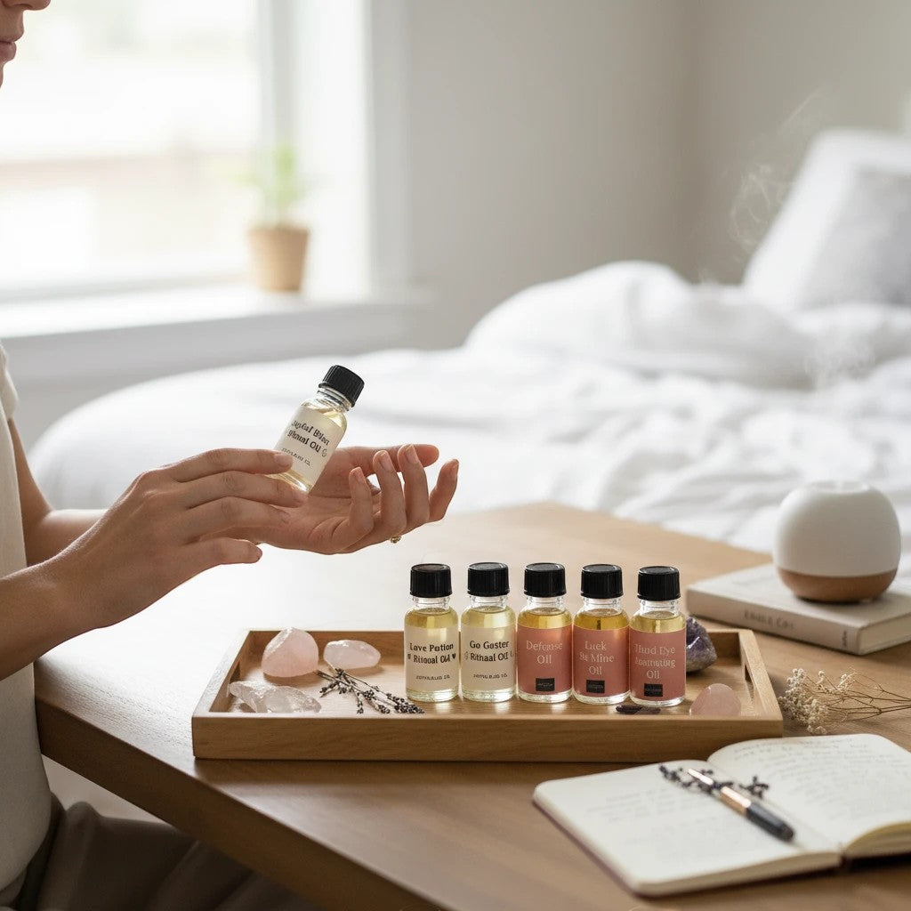 JoyfulBliss Co. ritual oil collection set with six botanical oils on a wooden tray with crystals and a journal.