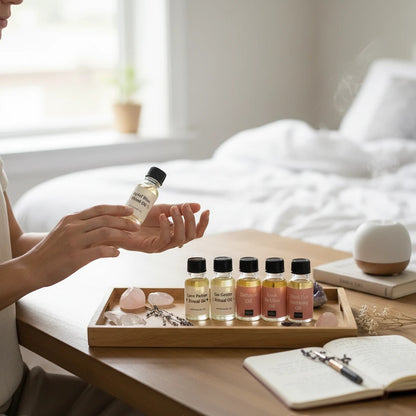 JoyfulBliss Co. ritual oil collection set with six botanical oils on a wooden tray with crystals and a journal.