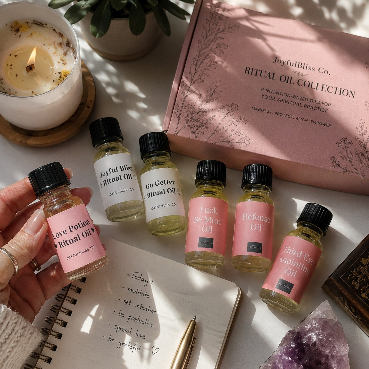 JoyfulBliss Co. ritual oil collection set with six botanical oils for manifestation, meditation, and spiritual practice.
