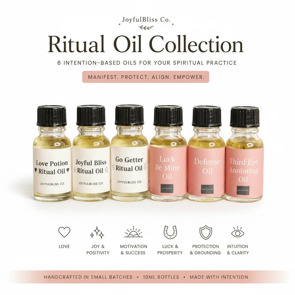 JoyfulBliss Co. set of six handcrafted 10ml ritual oils for manifestation, protection, and spiritual practice.