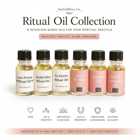 JoyfulBliss Co. set of six handcrafted 10ml ritual oils for manifestation, protection, and spiritual practice.