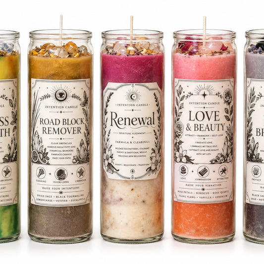 JoyfulBliss Co. set of five hand-poured soy intention candles with crystals, dried herbs, and botanical labels.
