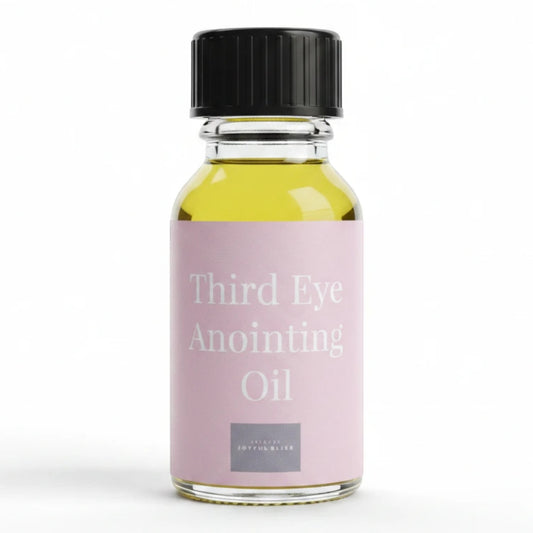 JoyfulBliss Co. Third Eye Anointing Ritual Oil in a 10ml glass bottle with a pink label for meditation and intuition.