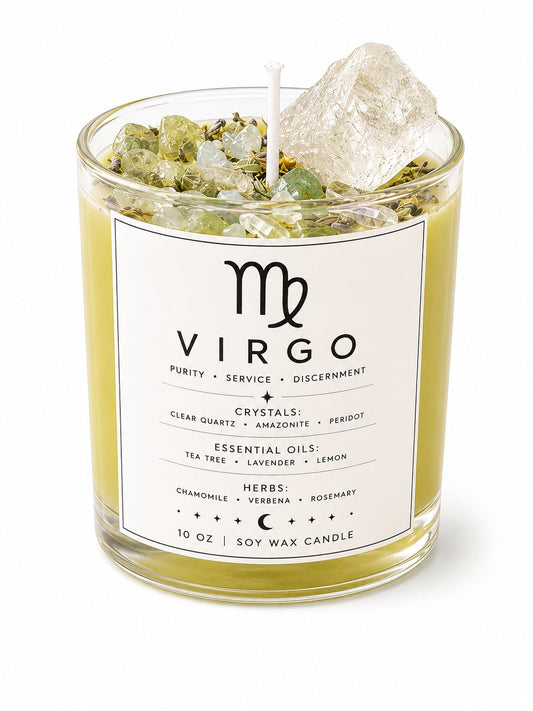 JoyfulBliss Co. Virgo soy wax candle topped with clear quartz, amazonite, and peridot crystals and dried herbs.