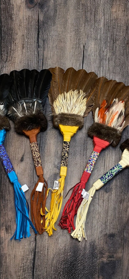 Native American Authentic Handcrafted  Beaded & Leather Wrapped Prayer Smudge Fan By Creek Artist LA NE AYO - JoyfulBliss Co.