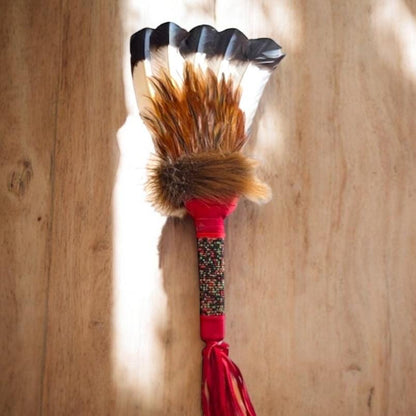 Native American Authentic Handcrafted  Beaded & Leather Wrapped Prayer Smudge Fan - JoyfulBliss Co.