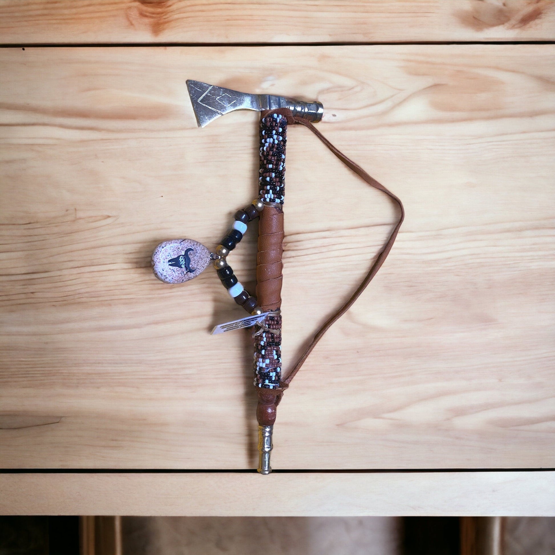 Native American Handmade Beaded & Leathered Brass Tomahawk Pipe 9in - JoyfulBliss Co.