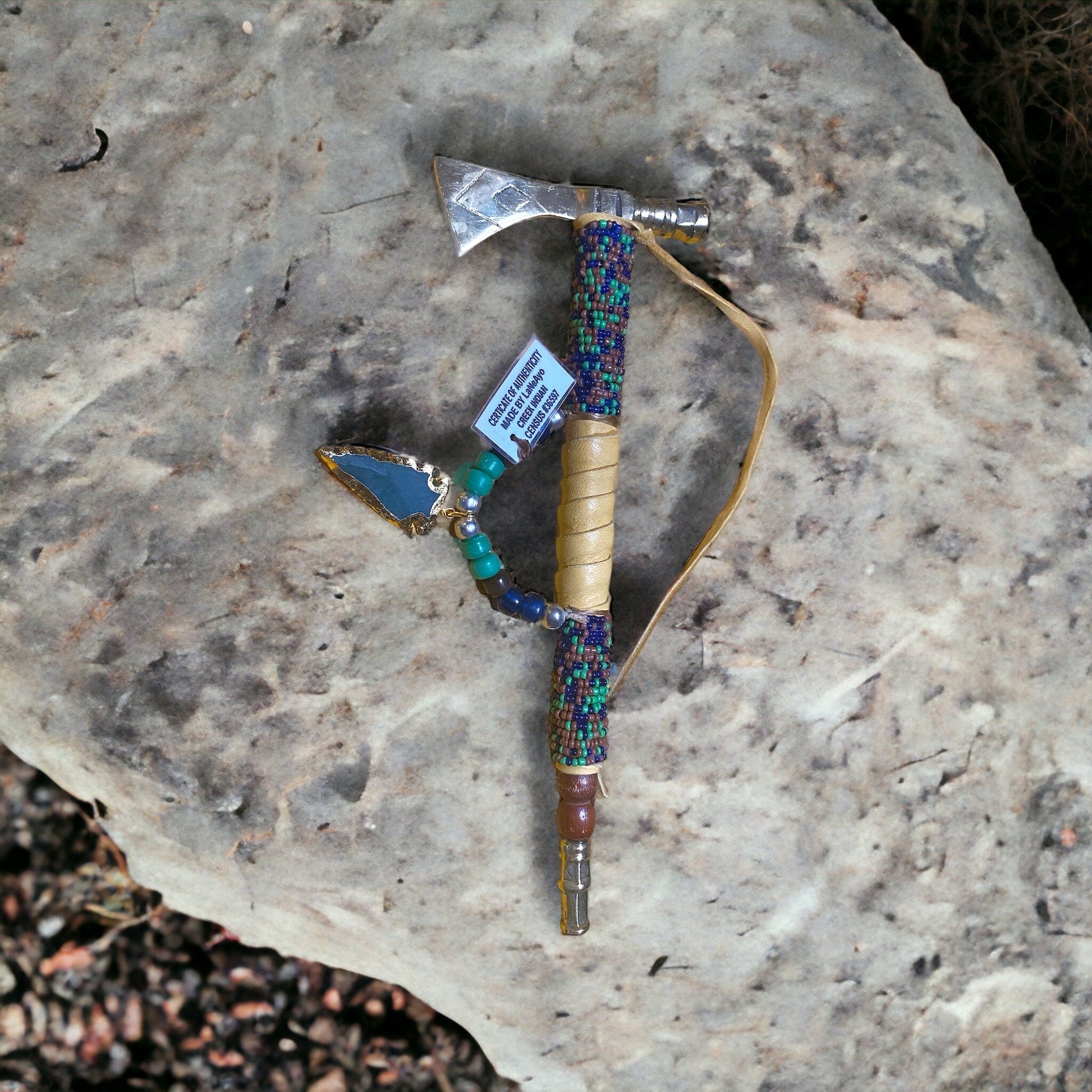 Native American Handmade Beaded & Leathered Brass Tomahawk Pipe 9in - JoyfulBliss Co.