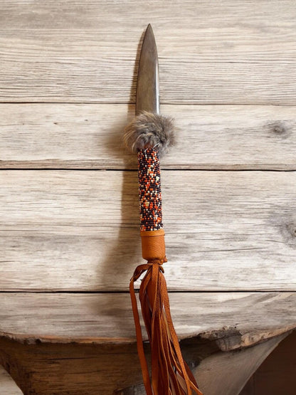 Native American Handmade By Creek Artist La Ne Ayo Buffalo Bone Beaded, Leather Wrapped Knife 13in. - JoyfulBliss Co.