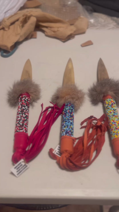Native American Handmade By Creek Artist La Ne Ayo Buffalo Bone Beaded, Leather Wrapped Knife 13in.