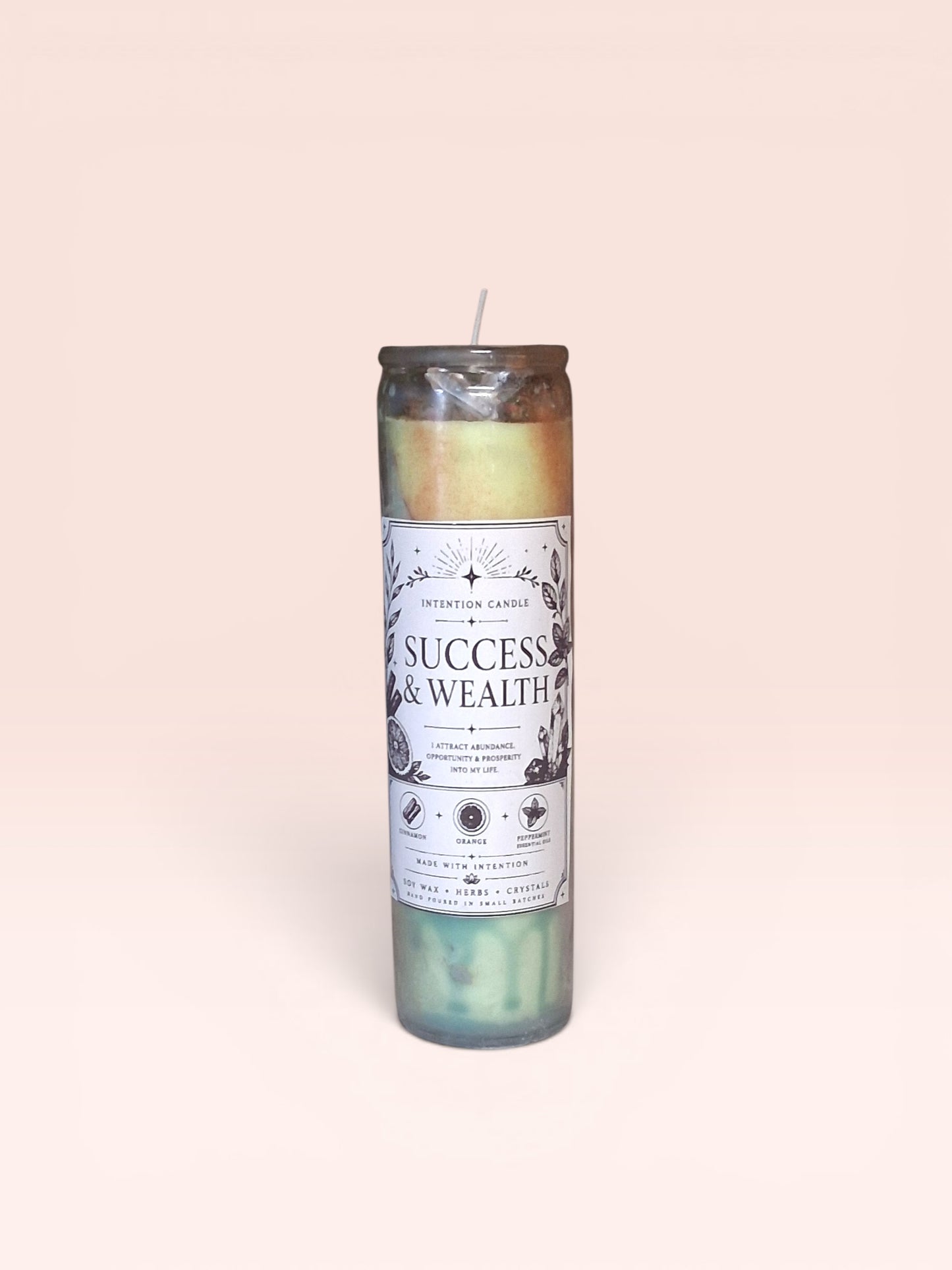 Success & Wealth Intention Candle | Cinnamon, Orange & Peppermint Essential Oil | Crystal & Herb Infused Spiritual Candle