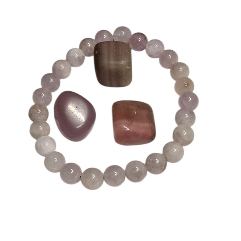 Light Amethyst Healing Bracelet with Fluorite Tumbled Stone Trio – Calm, Balance & Intuition Set