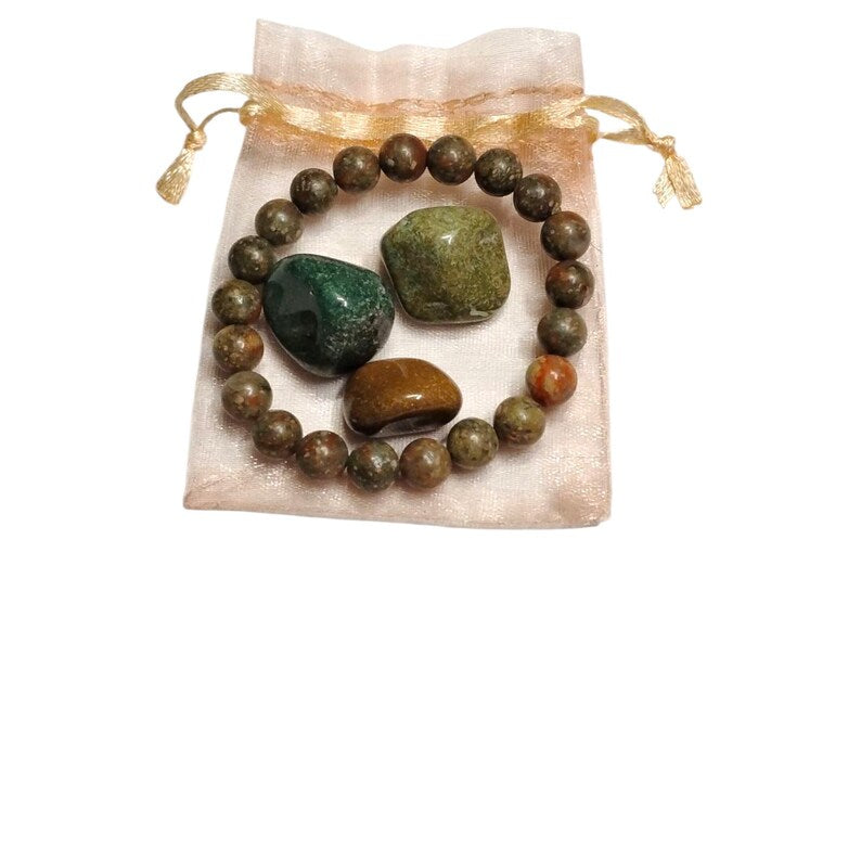 Unakite 8mm Bracelet with 3 Fancy Jasper Tumbled Stones – Balance, Grounding & Emotional Healing Set