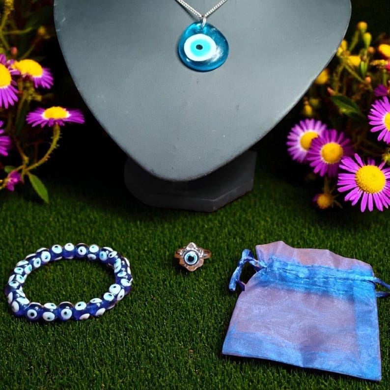 Protective Evil Eye Jewelry Set – Necklace, Ring & Beaded Bracelet with Gift Pouch